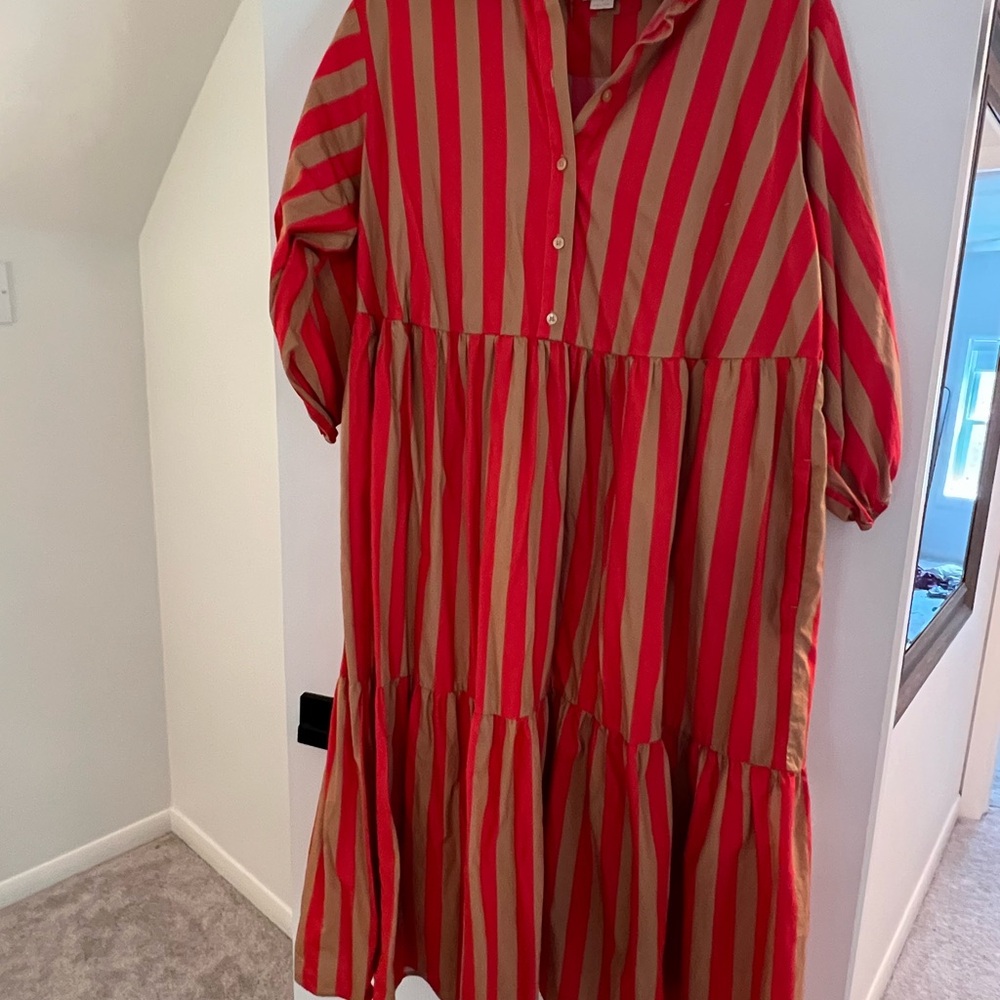 The Bettina Maeve Anthropologie Red and Tan Striped Button-Up Dress